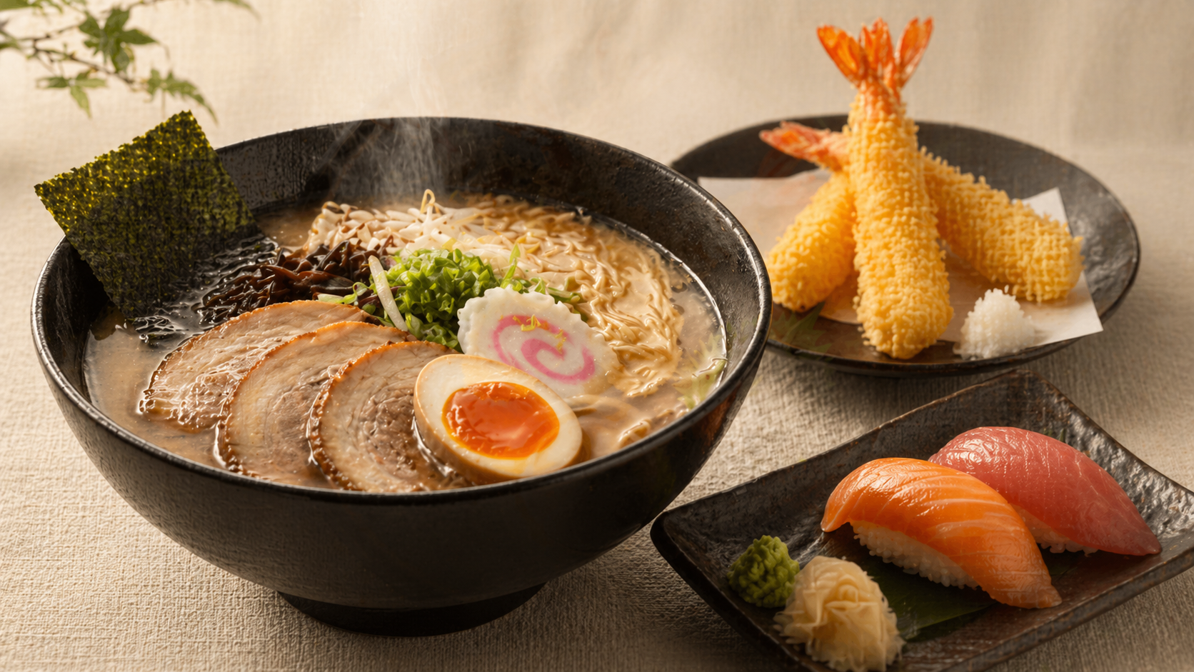 Tonkotsu ramen con tempura y nigiri en Usagui Guadalajara